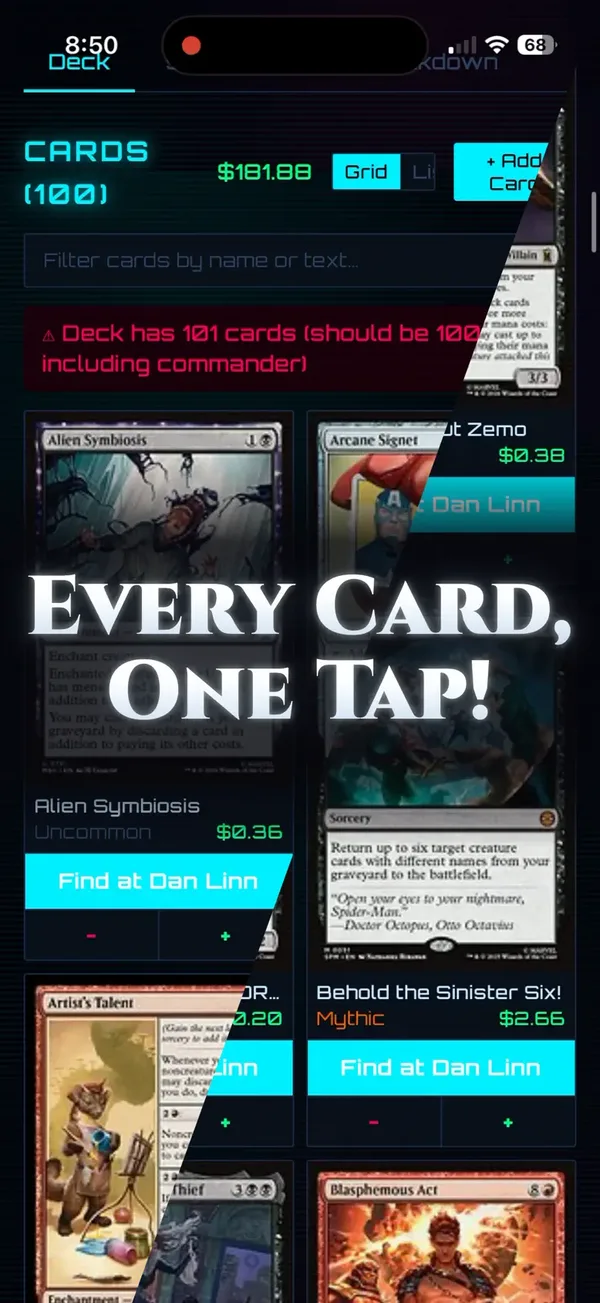 Deck Familiar card list for a deck with card prices and a filter box
